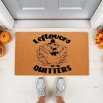 Funny Thanksgiving doormat featuring a turkey in a pilgrim hat with the text Leftovers Are For Quitters, this natural coir welcome mat is a festive fall porch decor piece for your front door entrance during the holiday season.
