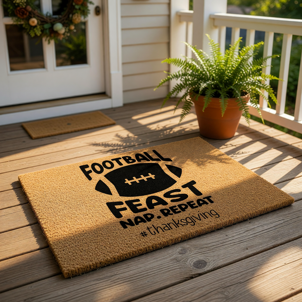 Football Feast Nap Repeat Thanksgiving doormat featuring a natural coir fiber welcome mat on a front porch, perfect for fall home decor and holiday entryway styling with its bold black text and sports-themed design for autumn.