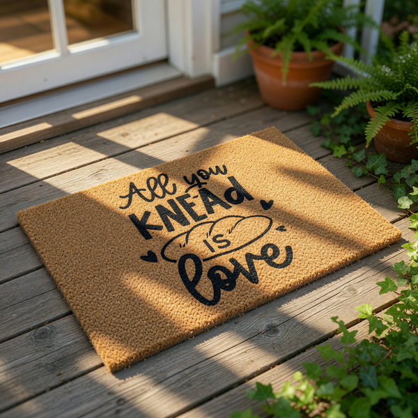 All You Knead Is Love doormat featuring a funny baking pun and a loaf of bread illustration on a natural coir fiber welcome mat, perfect for a kitchen entryway or a baker home decor gift for a housewarming or new home.
