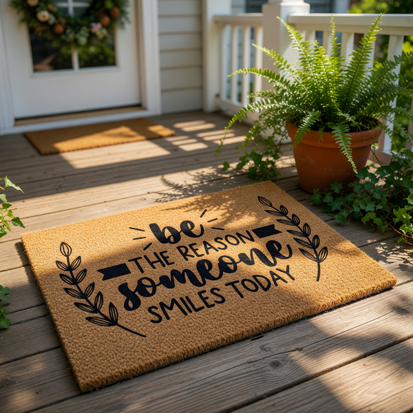Be the reason someone smiles today coir doormat featuring black script text and leaf accents, displayed on a front porch as a welcoming outdoor floor mat for home entryways, housewarming decor, and stylish front door porch decor.