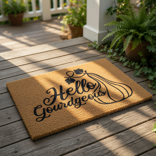 A textured door mat with the phrase "Hello Gourdgeous" printed on it.