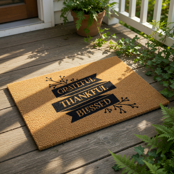 Grateful Thankful Blessed coir doormat featuring a natural fiber welcome mat design with black text on banners, perfect for a farmhouse front porch entry, fall home decor, or a rustic outdoor entrance floor mat for your home.