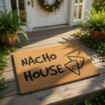 Nacho House doormat featuring a funny food pun design on natural coir fiber, this durable outdoor welcome mat is perfect for front porch decor and makes a humorous housewarming gift for any snack lover who enjoys kitchen humor.