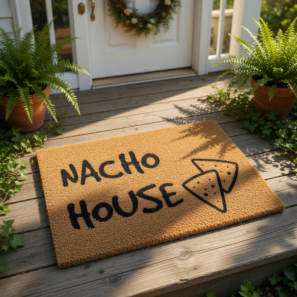 Nacho House doormat featuring a funny food pun design on natural coir fiber, this durable outdoor welcome mat is perfect for front porch decor and makes a humorous housewarming gift for any snack lover who enjoys kitchen humor.