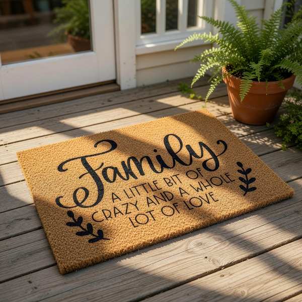 Family coir doormat with a little bit of crazy and a whole lot of love text, featuring a natural fiber welcome mat for front porch decor that adds a funny and sentimental touch to your home entrance and entryway floor.