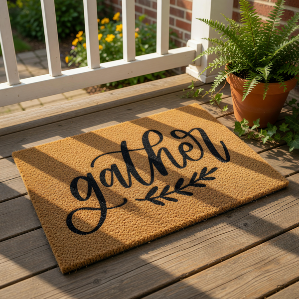 Gather coir doormat with black script lettering and a leafy branch design, perfect for a farmhouse front porch decor, this natural fiber welcome mat adds a cozy touch to your entryway and home entrance for guests and family.