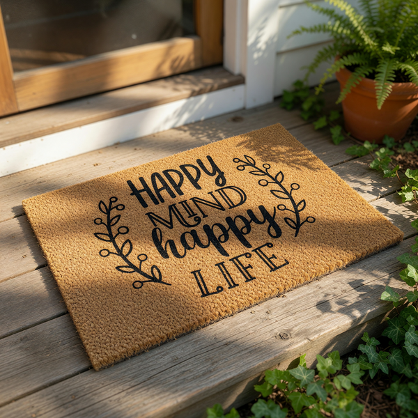 Happy Mind Happy Life coir doormat featuring a natural fiber welcome mat with black typography and leaf branch accents, perfect for a front porch entry, housewarming decor, or a positive home entrance floor rug for your front