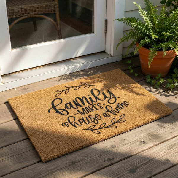 Family Makes A House A Home coir doormat featuring black script text and leaf accents, placed on a wood porch.