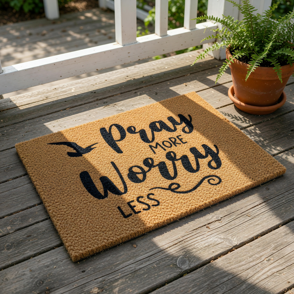 Pray More Worry Less coir doormat with a bird silhouette, featuring natural fiber construction for a rustic front porch welcome mat that adds a faith-inspired touch to your home entryway decor and outdoor floor covering.