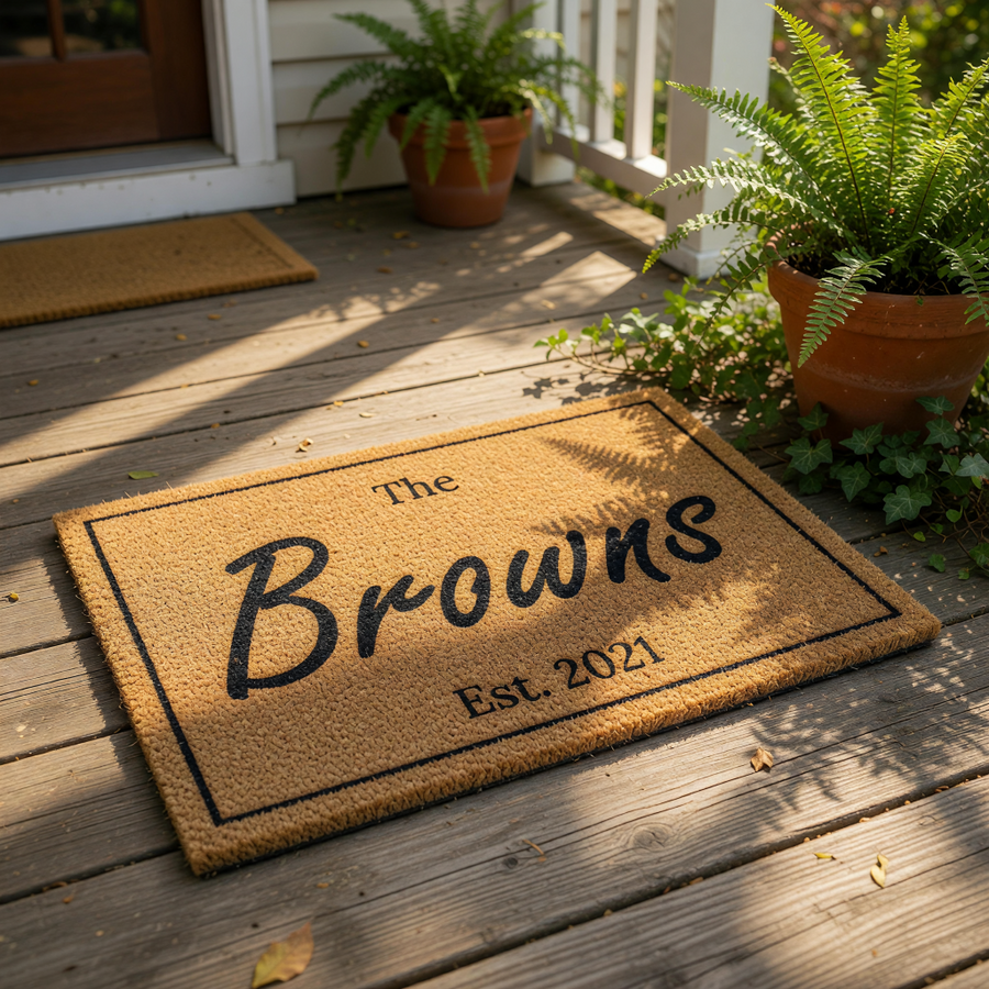 Personalized family name coir doormat featuring a custom last name and established year, this durable natural fiber welcome mat is a stylish outdoor front porch decor piece for a new home or housewarming celebration.