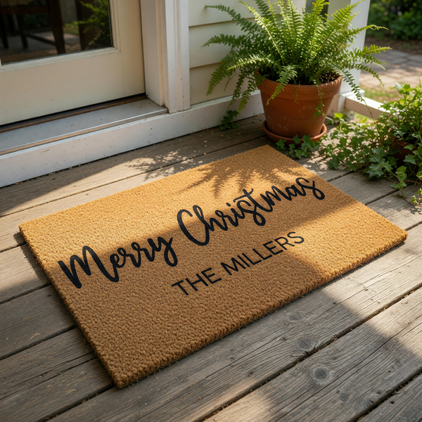 Personalized Merry Christmas doormat with custom family name, featuring a natural coir fiber texture for a rustic holiday entryway.