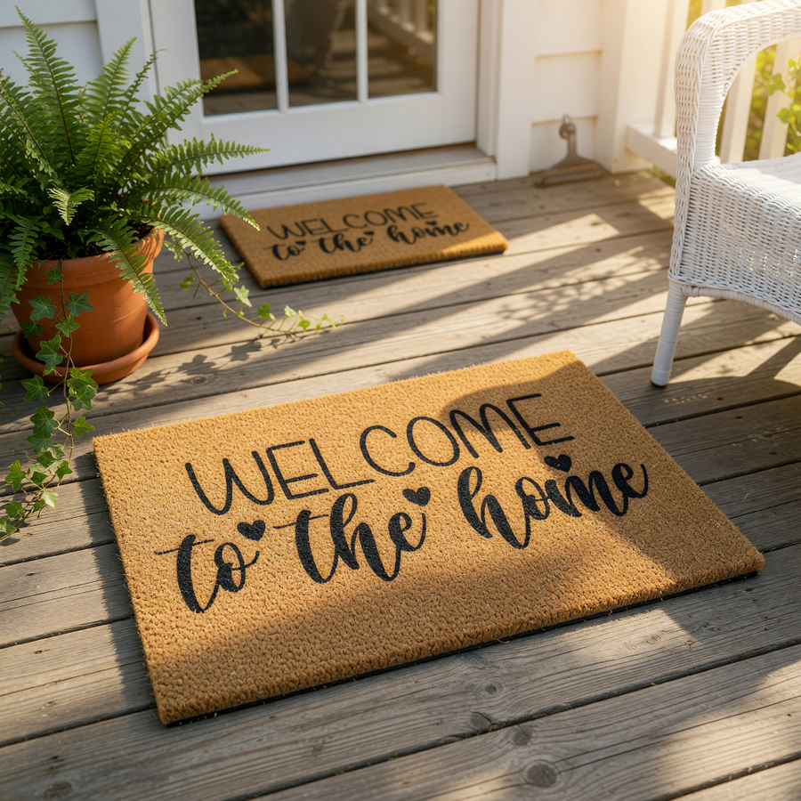 Welcome to the home coir doormat with black script lettering and heart accents, a natural fiber outdoor welcome mat for front porch entryways that adds a warm, inviting touch to your house decor and entryway floor covering.