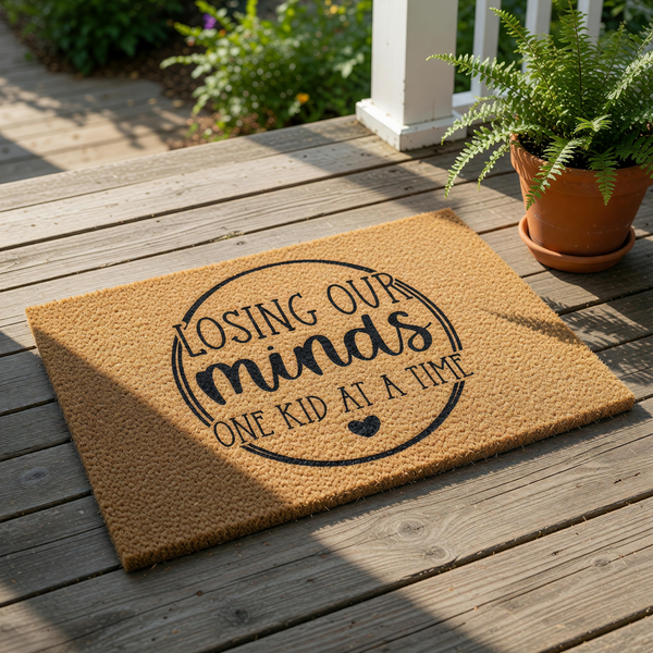 Funny parent doormat with the text Losing Our Minds One Kid At A Time, featuring a natural coir fiber welcome mat design that makes a humorous housewarming gift for parents or a funny front porch decor piece for any busy family