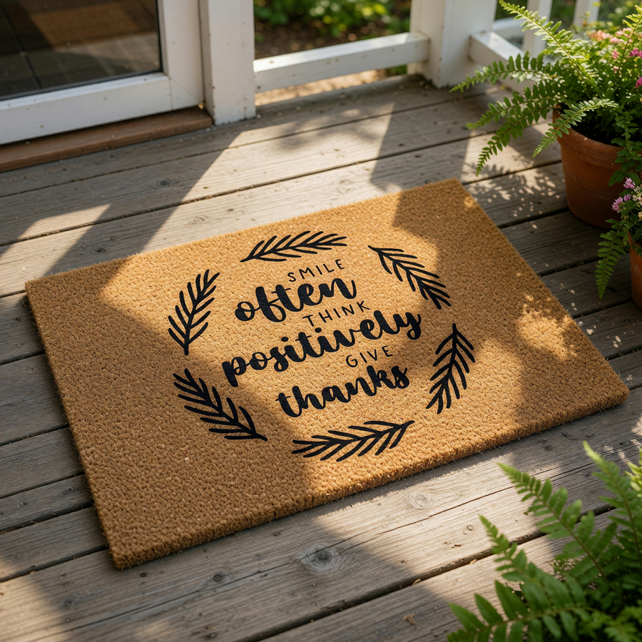 Smile Often Think Positively Give Thanks doormat featuring a natural coir fiber welcome mat with a black leaf wreath design, perfect for a farmhouse front porch entry or as a decorative outdoor floor mat for your home entrance.