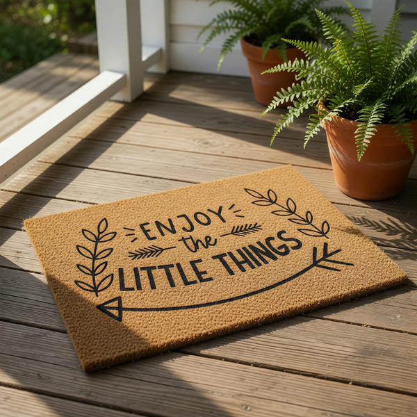 Enjoy the Little Things coir doormat with a natural fiber texture, featuring black printed text and decorative arrow and leaf designs for a farmhouse front porch welcome mat that adds a charming touch to your home entryway decor.