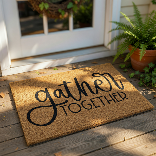 Gather Together coir doormat with black script lettering, a natural fiber outdoor welcome mat for front porch decor, featuring a rustic farmhouse design that makes a functional and stylish entryway floor rug for your home