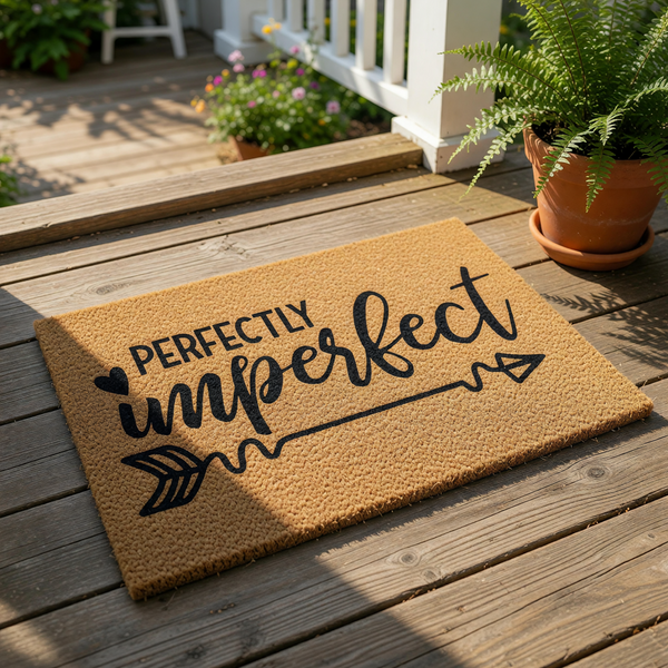 Perfectly Imperfect coir doormat with a black arrow and heart design, this natural fiber welcome mat is a stylish front porch decor piece that adds a rustic touch to your home entryway and makes a great housewarming gift for any