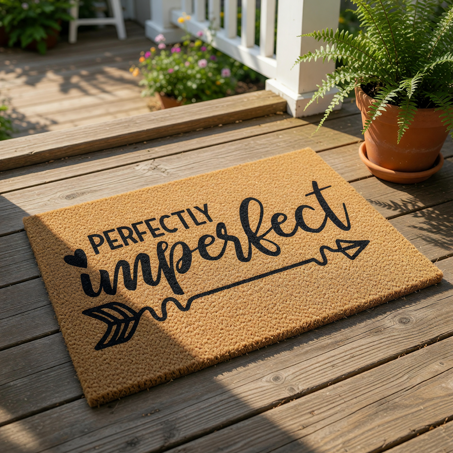 Perfectly Imperfect coir doormat with a black arrow and heart design, this natural fiber welcome mat is a stylish front porch decor piece that adds a rustic touch to your home entryway and makes a great housewarming gift for any