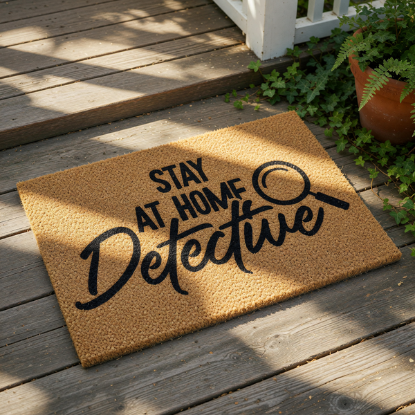 Stay At Home Detective coir doormat with a magnifying glass graphic, featuring a natural fiber welcome mat for front porch entryways that makes a funny housewarming gift for mystery lovers and crime show fans who enjoy home decor.