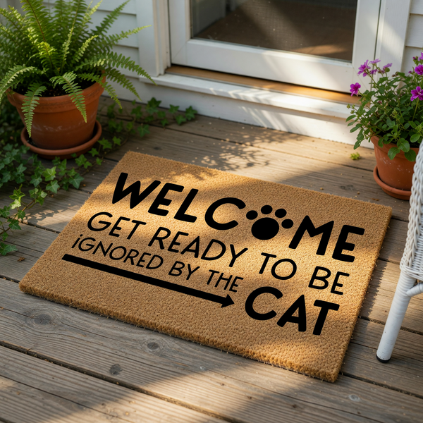 Funny cat welcome doormat made of natural coir fiber, featuring the text Welcome Get Ready To Be Ignored By The Cat with a paw print design, perfect for a pet lover home entrance or a humorous front porch decor floor mat.