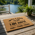 Lake House Welcome Doormat featuring natural coir fiber material with black text, displayed on a sunny outdoor deck overlooking water, perfect for a cabin, vacation home, or lakefront entryway decor for family, fishing, and