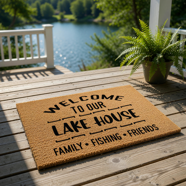 Lake House Welcome Doormat featuring natural coir fiber material with black text, displayed on a sunny outdoor deck overlooking water, perfect for a cabin, vacation home, or lakefront entryway decor for family, fishing, and