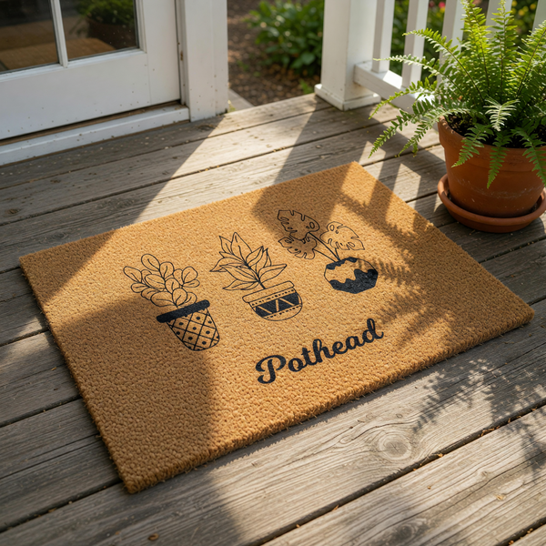 Pothead coir doormat featuring three black line art potted plants, this funny houseplant welcome mat is made of natural fiber and is a stylish front porch decor piece for any plant lover or indoor garden enthusiast home entrance.