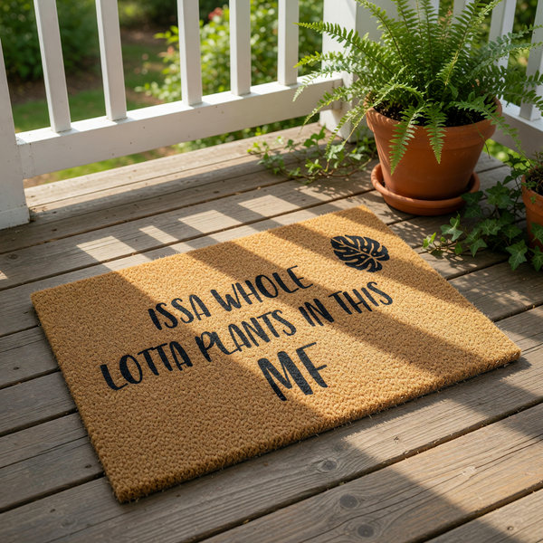 Funny plant lover doormat featuring a tropical leaf design and bold text that reads Issa Whole Lotta Plants In This MF, perfect for a houseplant enthusiast entryway, porch decor, or a unique home welcome mat for indoor plant