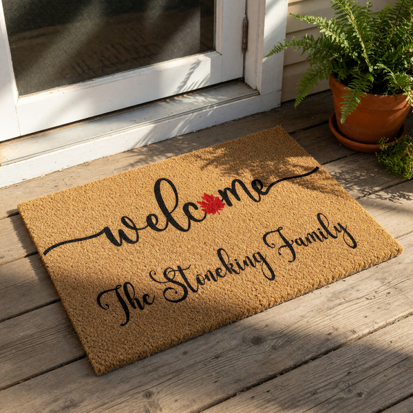 Personalized family name doormat featuring a natural coir texture, black cursive welcome text, and a red maple leaf icon, making a stylish custom outdoor welcome mat for your front porch entrance or home entryway decor.