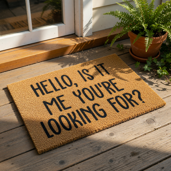 Funny welcome doormat with black text on natural coir fiber, featuring a humorous song lyric quote for a front porch entry.
