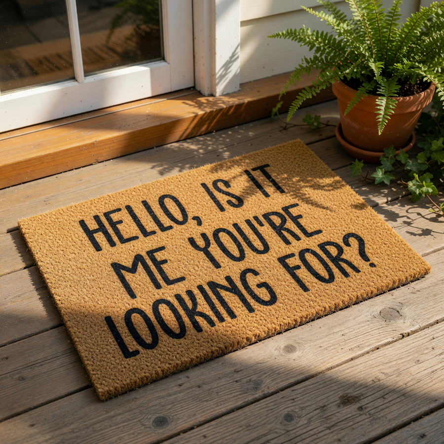 Funny welcome doormat with black text on natural coir fiber, featuring a humorous song lyric quote for a front porch entry.