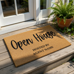 Open House welcome doormat for real estate agents, featuring natural coir fiber material with bold black text, this personalized front door mat is a professional marketing tool for property showings and home listings on a white