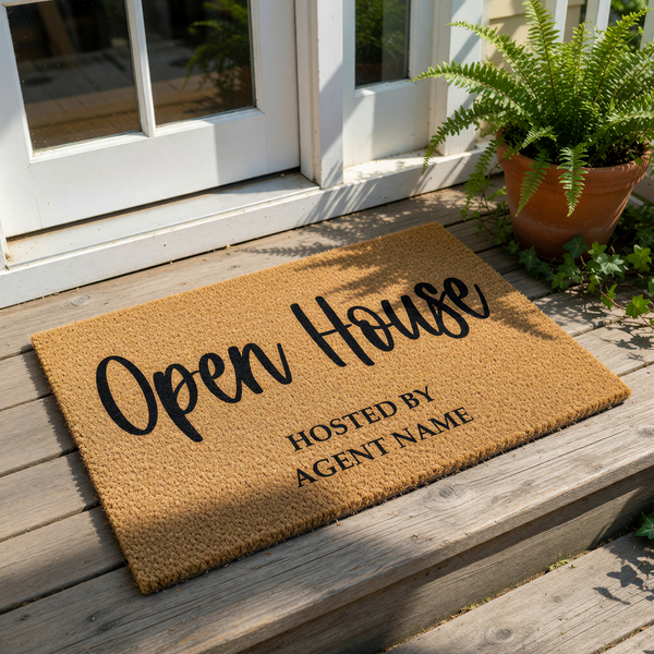 Open House welcome doormat for real estate agents, featuring natural coir fiber material with bold black text, this personalized front door mat is a professional marketing tool for property showings and home listings on a white