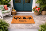 Open House real estate doormat for agents, featuring a natural coir fiber welcome mat on a stone porch, perfect for property showings, realtor marketing, and home staging to greet potential buyers at the front door entrance.