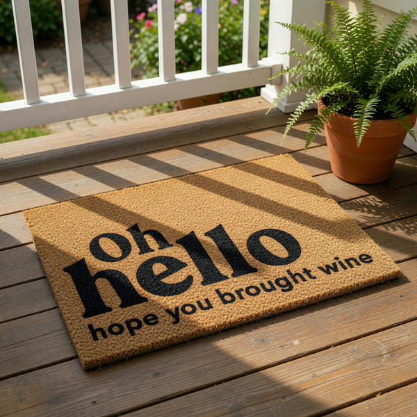 A wooden door mat with the text "oh hello hope you brought wine" printed on it.