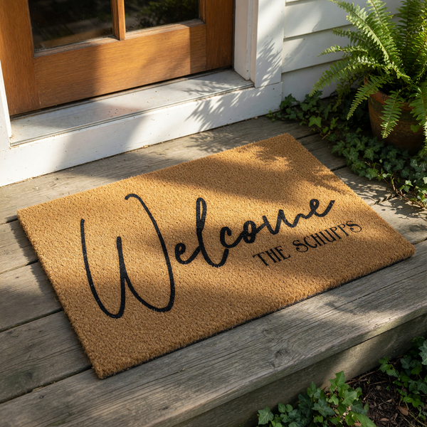 Personalized family name welcome doormat featuring a natural coir fiber texture with elegant black script lettering, making this custom outdoor entrance rug a stylish housewarming decor piece for your front porch or entryway