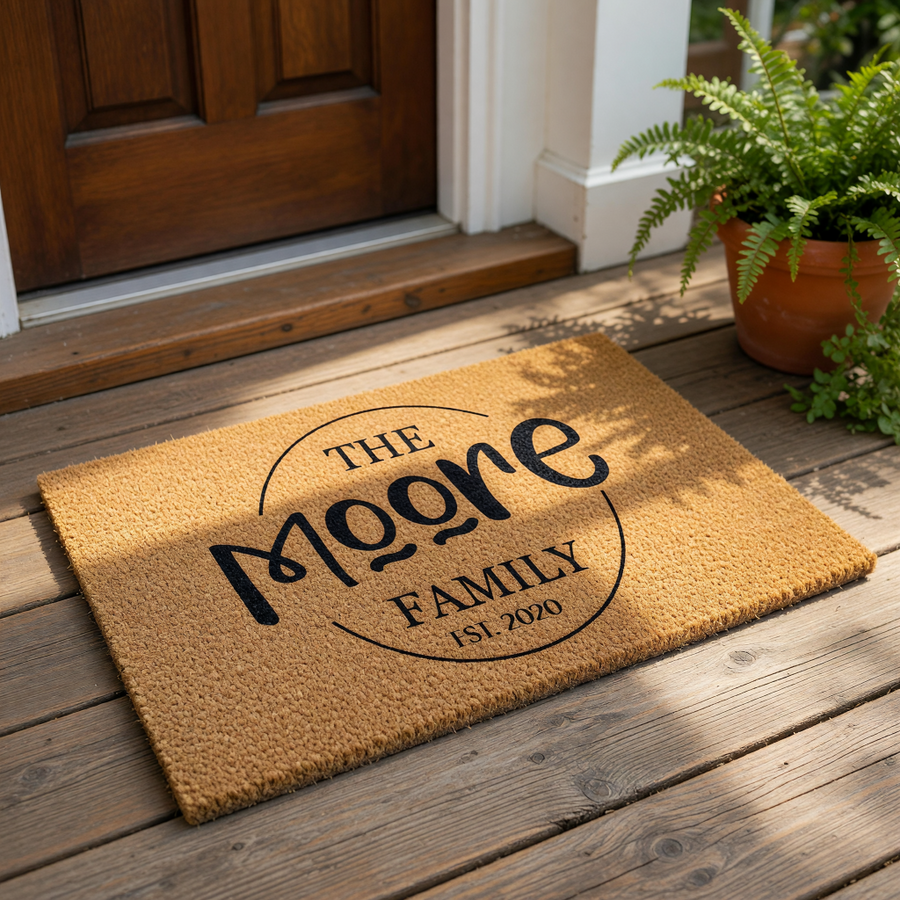 Personalized family name coir doormat featuring a circular design with custom text, this durable natural fiber welcome mat is a stylish housewarming decor piece for your front porch entry and home entrance floor.