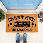Personalized camping doormat with a motorhome design and custom family name, this natural coir welcome mat features a fun travel quote for RV owners and outdoor enthusiasts looking for a durable front porch rug for their home or