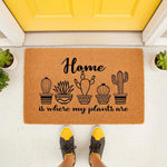 Cactus plant lover doormat with Home is where my plants are text, featuring a natural coir welcome mat design for a front porch, perfect for housewarming decor or a gardener entrance rug with cute potted succulent and cactus