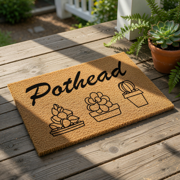 Funny Pothead doormat with succulent plant illustrations on a natural coir welcome mat, perfect for a front porch entry.