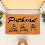 Pothead succulent doormat featuring a funny plant lover design on natural coir fiber, perfect as a humorous front porch welcome mat for indoor or outdoor entryways with cute cactus and succulent illustrations for home decor.