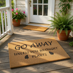 Go Away Unless You Brought Plants doormat, a funny coir welcome mat for plant lovers featuring black text and leaf icons on a natural fiber rug, perfect for a front porch, entryway, or housewarming gift for a gardener or plant
