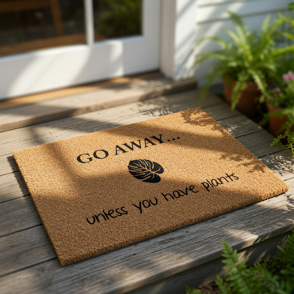Funny plant lover doormat with Go Away unless you have plants text and a leaf icon, this natural coir welcome mat is a stylish outdoor front porch rug for gardeners and houseplant enthusiasts looking for unique home decor.