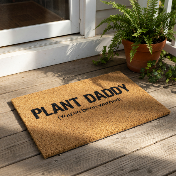 Plant Daddy coir doormat featuring bold black text on a natural fiber welcome mat, perfect for a houseplant lover or gardener entrance decor, this funny outdoor floor rug adds personality to any front porch or entryway floor