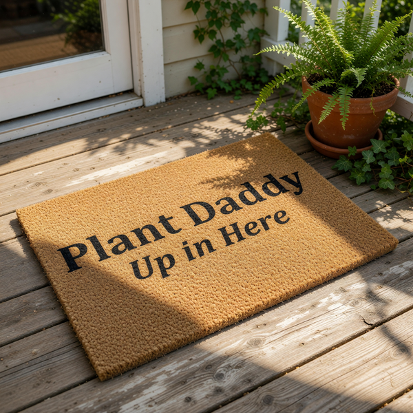 Plant Daddy Up in Here coir doormat for houseplant lovers, featuring bold black text on a natural brown fiber welcome mat that makes a funny front porch rug for any indoor jungle enthusiast or gardener home decor entrance.