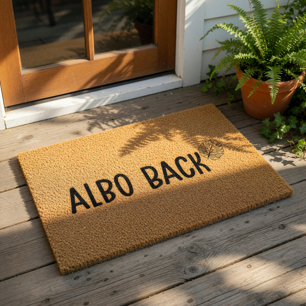 Natural coir fiber welcome doormat featuring the text Albo Back with a tropical leaf illustration, placed on a rustic porch floor as a stylish outdoor entrance mat for home decor, housewarming, or a fun front door entryway