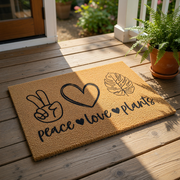 Peace Love Plants doormat featuring a natural coir fiber welcome mat with a black printed design of a peace sign, a heart, and a monstera leaf, perfect for a houseplant lover entryway or a stylish outdoor porch decor floor mat.