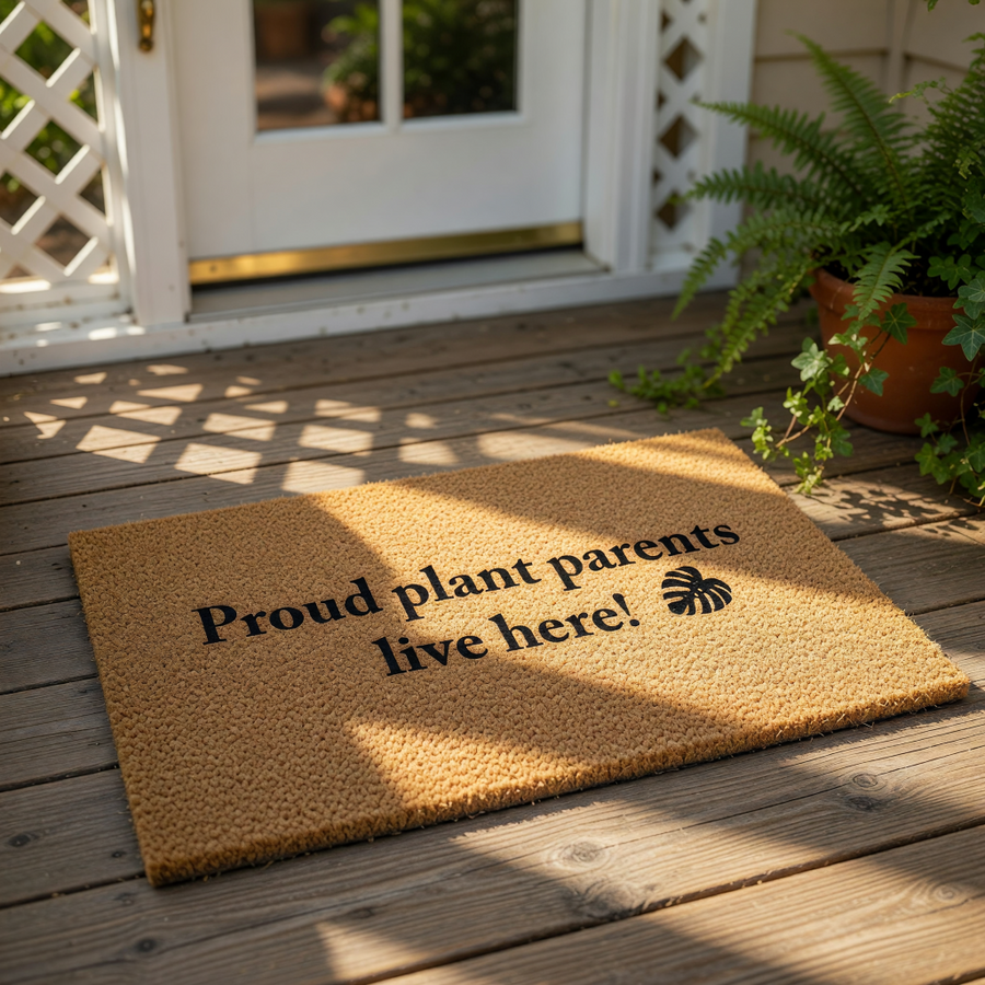 Proud plant parents live here doormat featuring a natural coir fiber texture and black text with a monstera leaf icon, making this funny housewarming welcome mat a great outdoor floor rug for any indoor plant lover home entrance.