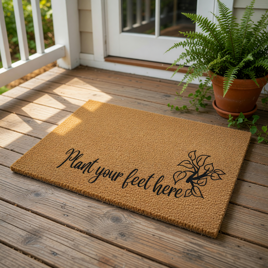 Plant your feet here coir doormat with a black leaf design, featuring a natural fiber welcome mat for your front porch or entryway that adds a stylish touch to your home decor and outdoor floor entrance area.
