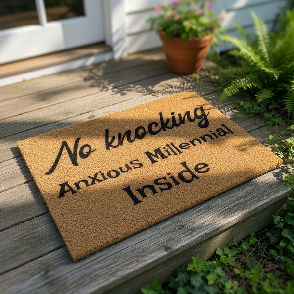 Funny No Knocking Anxious Millennial Inside doormat for front porch decor, featuring bold black text on a natural coir fiber welcome mat, perfect for a humorous housewarming gift or a stylish entryway floor rug for your home